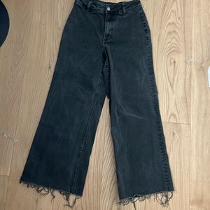$98 AQUA vintage black almost a dark gray denim wide leg raw hem jeans 27